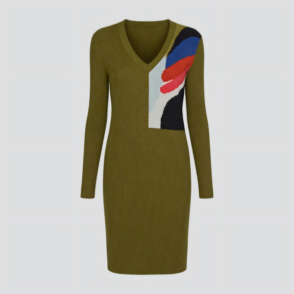 Olive Green Knitted Dress with Color Block Design