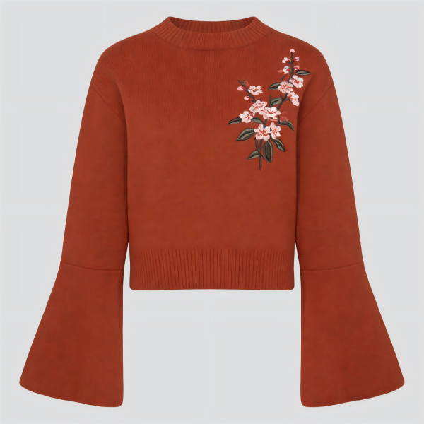 Rust-Colored Knitted Sweater with Floral Embroidery