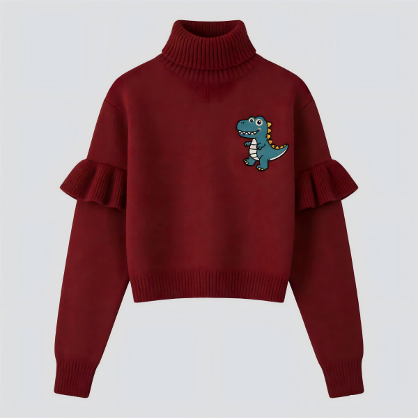 Burgundy Turtleneck Sweater with Dinosaur Embroidery